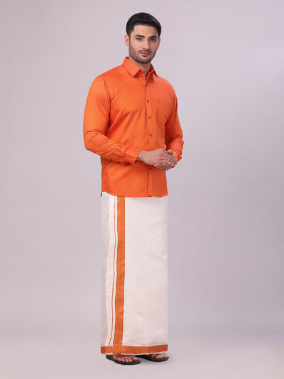 Mens Cotton Brick Shirt and Airtex Matching Border Dhoti Combo Nector