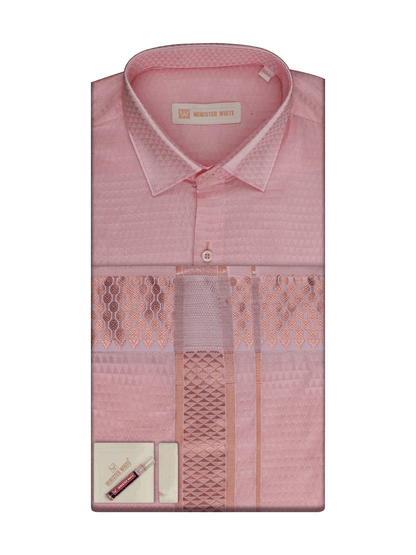 Men's Art Silk Pink Jacquard Full Sleeves Shirt with 2 1/2"  Copper Jari Border & Towel Dhoti Combo Nautica