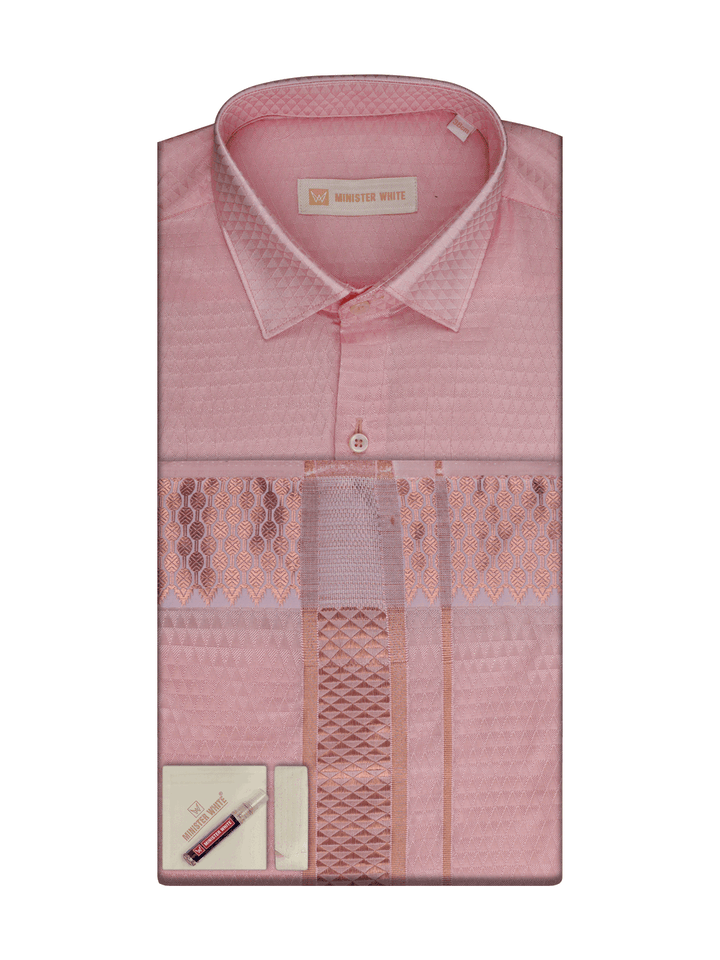 Men's Art Silk Pink Jacquard Full Sleeves Shirt with 2 1/2"  Copper Jari Border & Towel Dhoti Combo Nautica