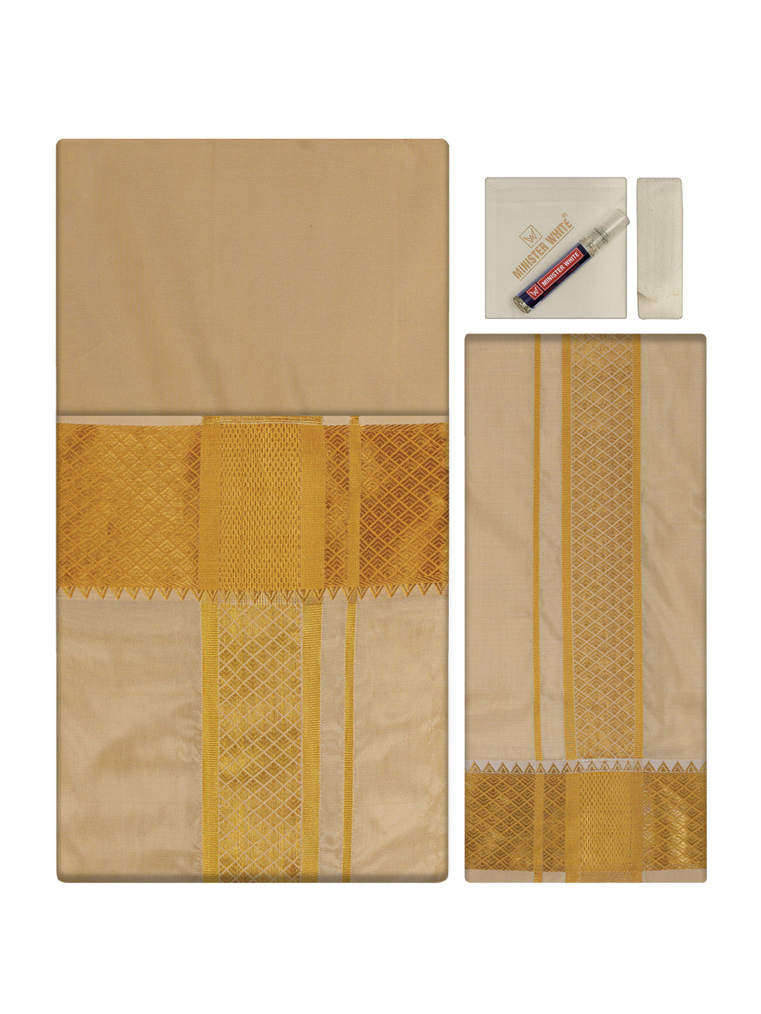 Men's Premium Art Silk Fawn Gold Shirt Bit with 4" Gold Jari Border Dhoti Towel Combo Tilak