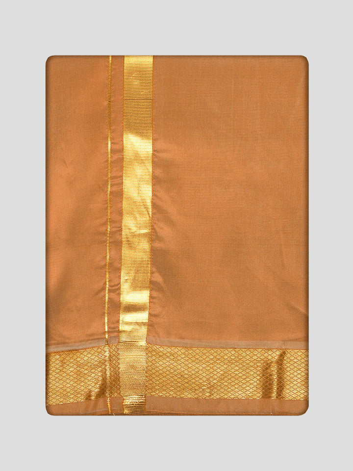 Men's Premium Art Silk Dark Gold Shirt Bit with Gold Jari Border Dhoti Combo Cherished Moments