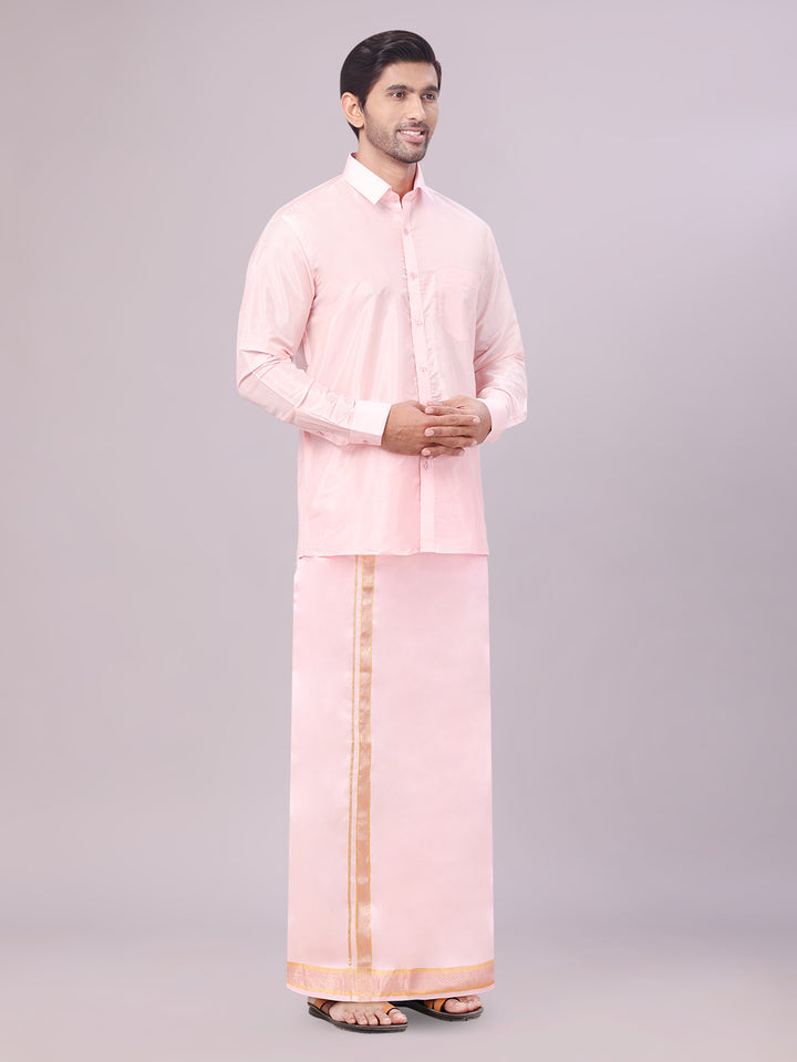 Mens Art Silk Pink Full Sleeves Shirt with Gold Jari Border Flexi Dhoti & Towel Combo Blush