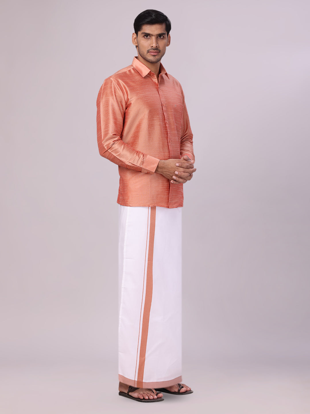 Men's Light Brown Dupion Satin Shirt with Matching Border Flexi Dhoti Combo Gora Flexi