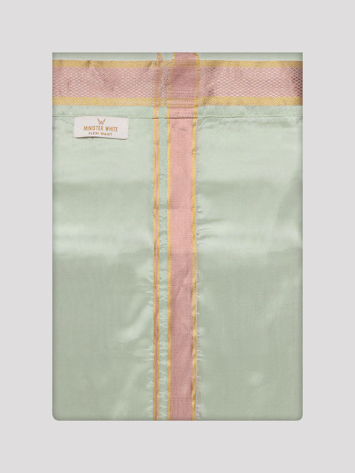 Mens Art Silk Pista Green Full Sleeves Shirt with Gold Jari Border Flexi Dhoti Combo Finesse