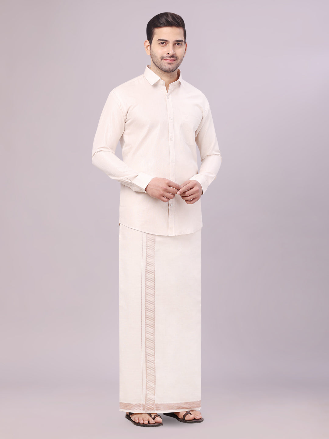 Men's Tissue Almond Shirt with Jacquard Fancy Border Dhoti Wedding Combo Nios side pose