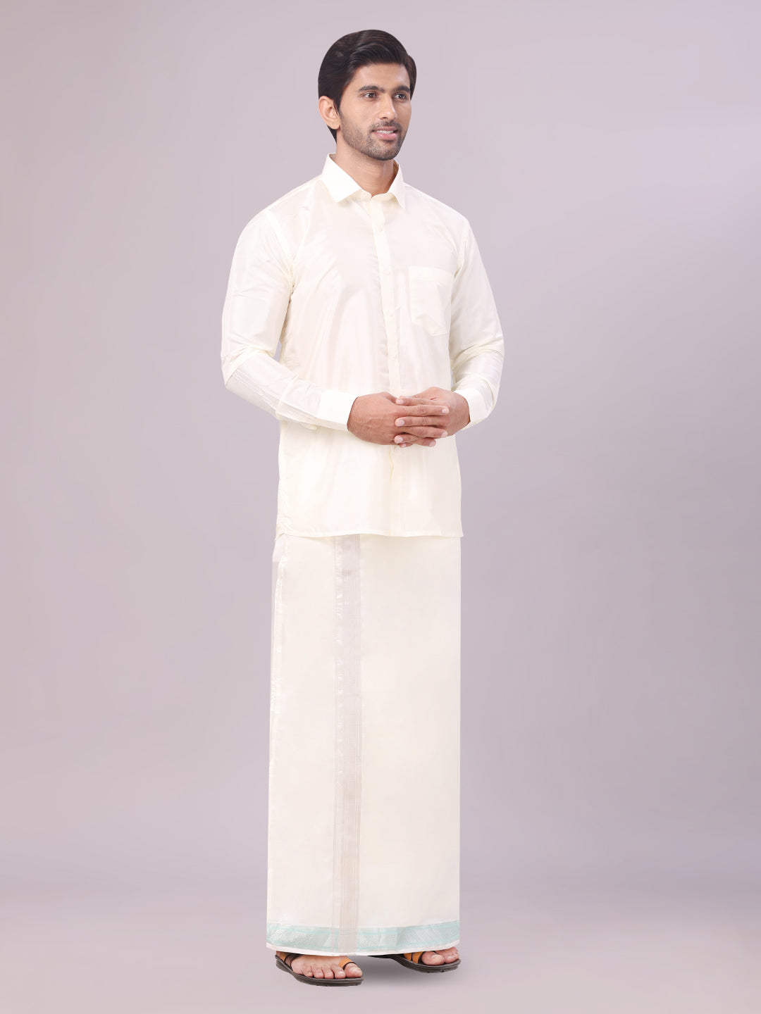 Men's Art Silk Cream Full Sleeves Shirt with Fancy Jari Border Dhoti Combo Finesse side pose