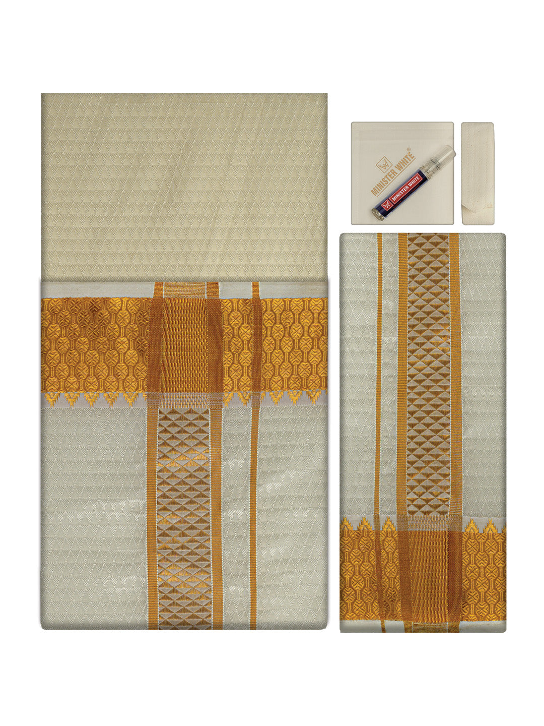 Men's Premium Art Silk Cream Shirt Bit with 2 1/2" Gold Jari Border Dhoti Towel Combo Sieger
