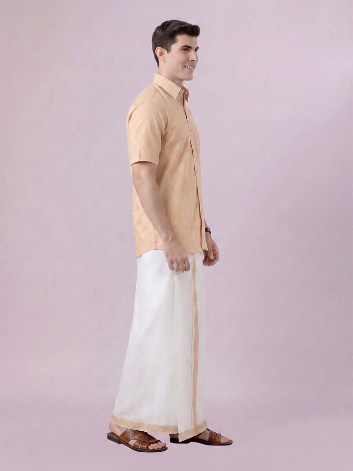 Men's Sun Gold Color Digital Printed Shirt with Matching Printed Border Dhoti Combo Varnam