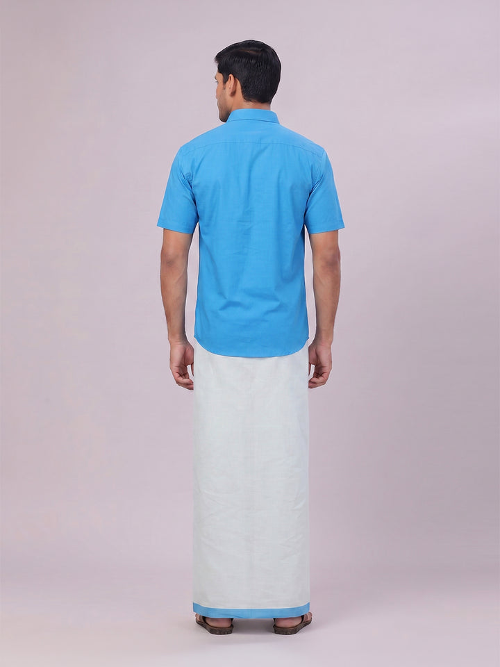 Mens Cotton Blue Shirt with Tissue Matching Border Dhoti Wedding Combo Kandala