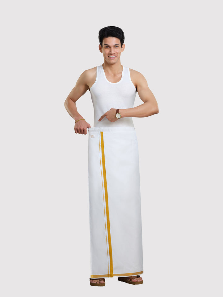 Men's Easy to Wear Flexi 2.0 White Gold Jari Side Elastic Dhoti with Pocket