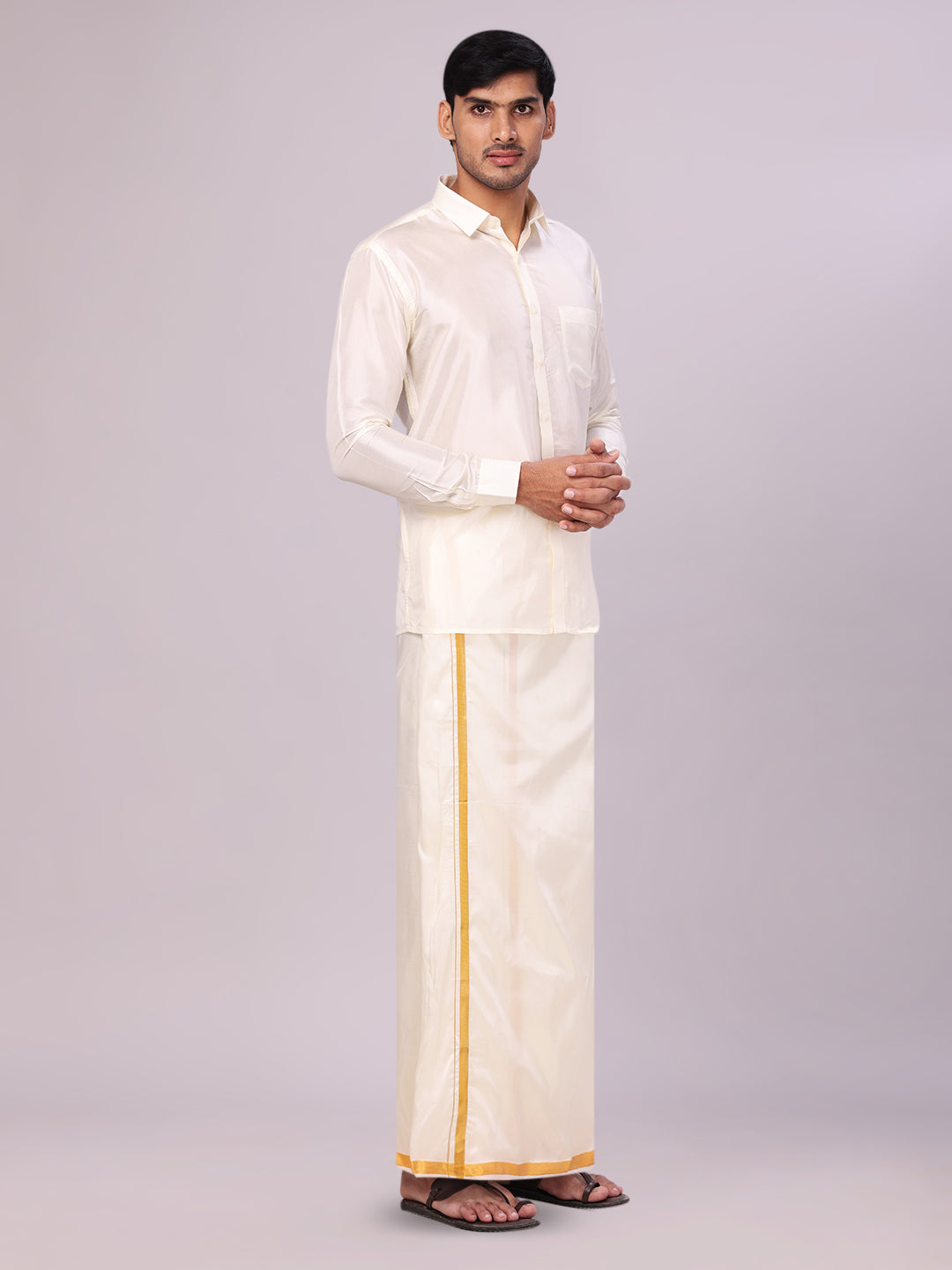 Men's Silk Mix Wedding Cream Shirt, Dhoti, Nerial with Belt Combo - Thamboolam side pose