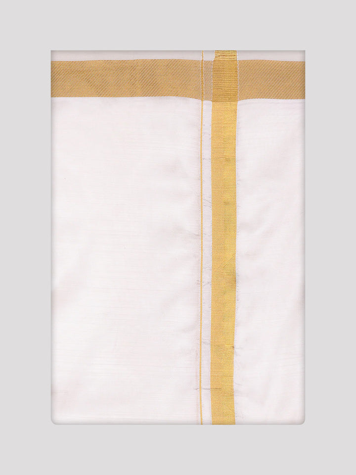 Men's Art Silk Off White Full Sleeves Shirt with 70k Gold Jari Border Dhoti Combo Finesse