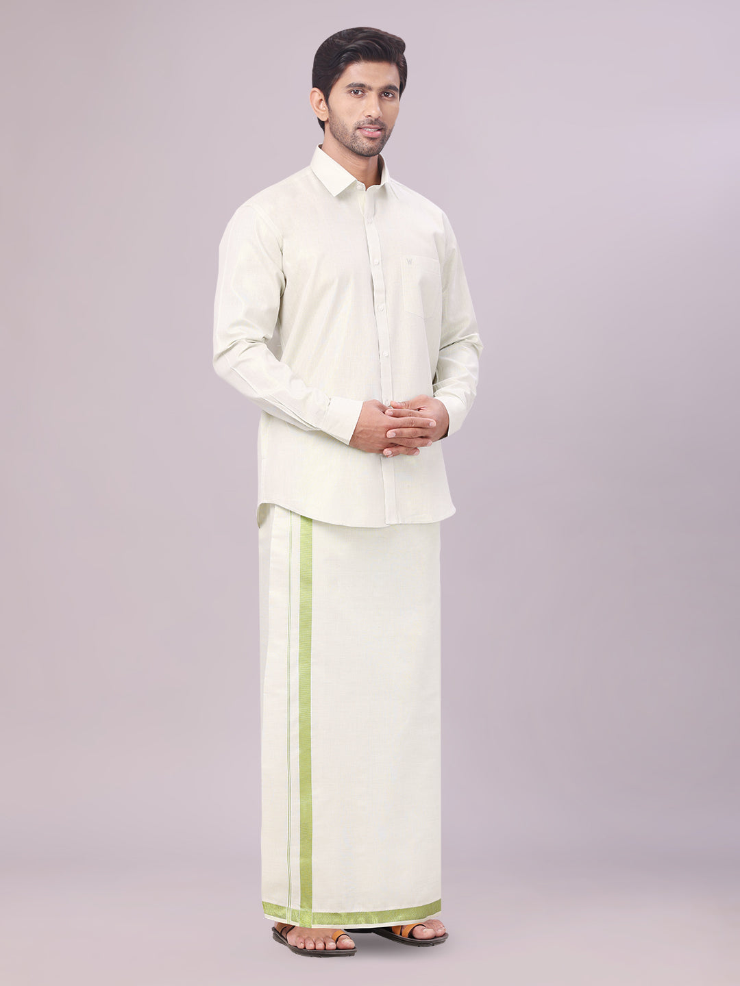 Men's Tissue Sky Green Color Dhoti Shirt Wedding Combo Maverick side pose