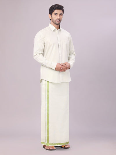 Men's Tissue Sky Green Color Dhoti Shirt Wedding Combo Maverick side pose