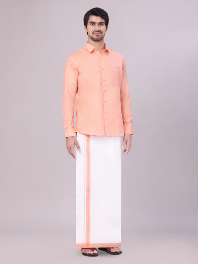 Men's Peach Color Cotton Shirt with Matching Border Dhoti Combo side pose