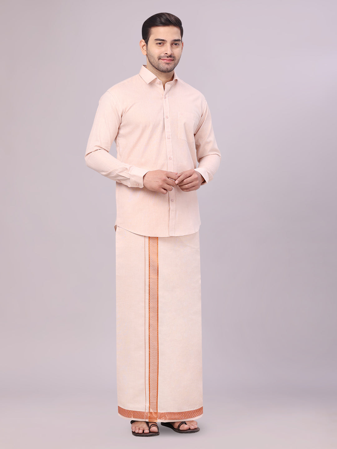 Mens Tissue Copper Shirt with Jacquard Fancy Border Dhoti Wedding Combo Nios