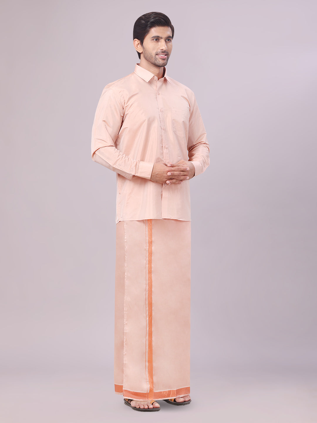 Mens Art Silk Dark Copper Full Sleeves Shirt with Copper Jari Border Dhoti Combo Finesse