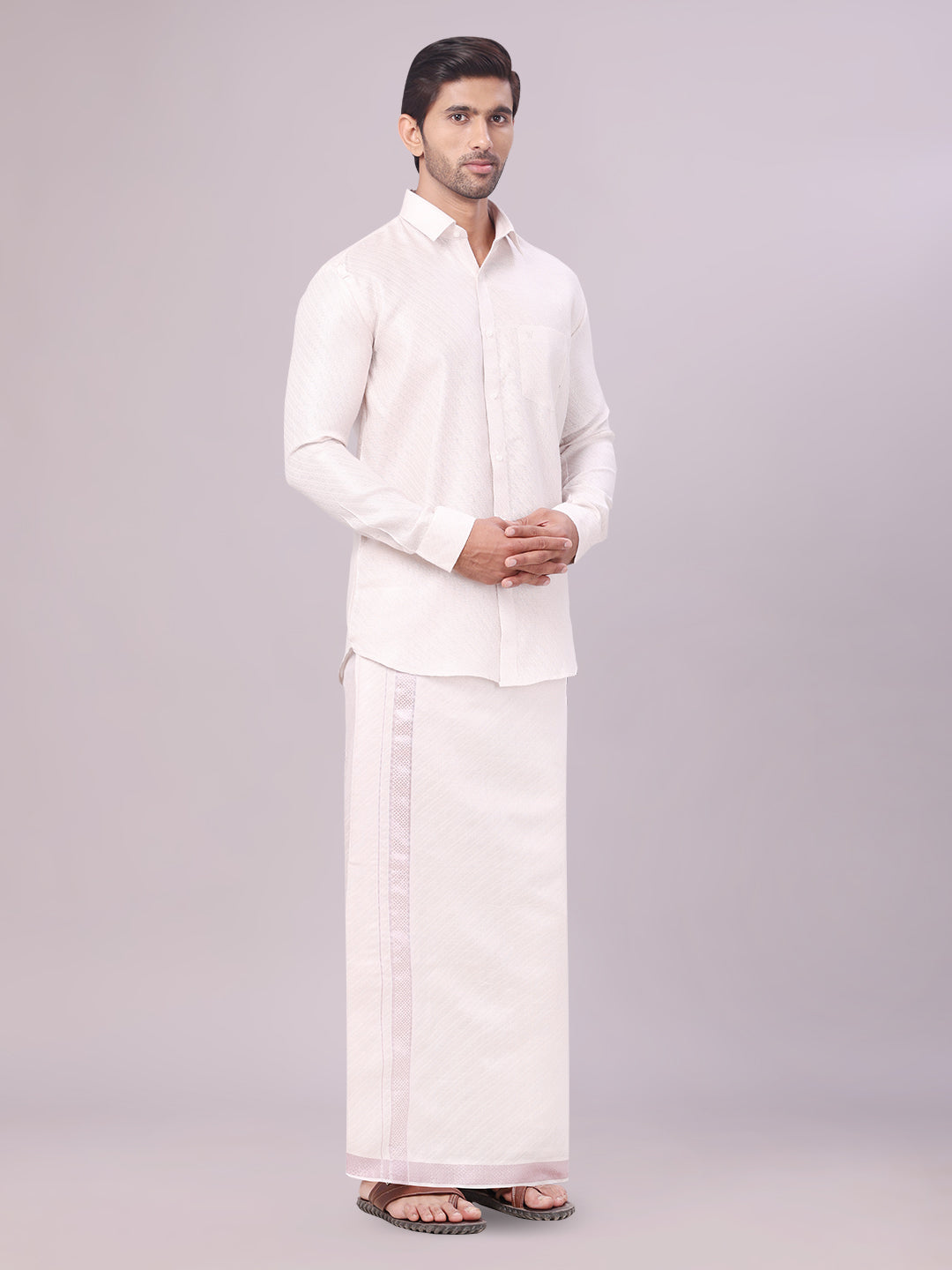 Men's Light Rose Tissue Jacquard Shirt with Matching Dhoti Combo Zeus side pose