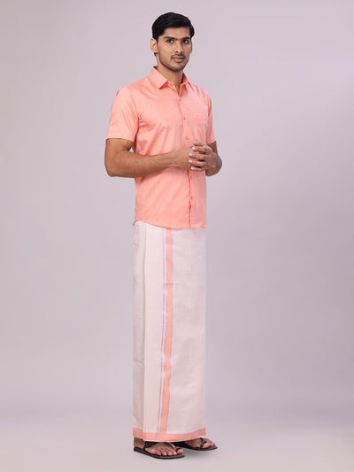 Men's Cotton Peach Shirt with Tissue Matching Border Dhoti Wedding Combo Kandala side pose