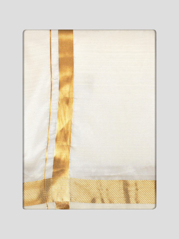 Men's Premium Art Silk Cream Shirt Bit with 70k Gold Jari Border Dhoti Towel Combo Wedding Wonders