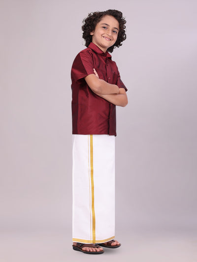 Boys Art Silk Maroon Half Sleeves Shirt with Gold Jari Flexi Dhoti Towel Combo Calm Boy