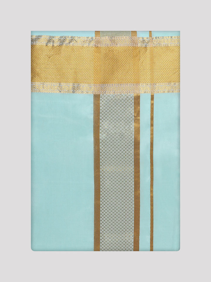 Mens Art Silk Mint Gold Full Sleeves Shirt with 3 1/2" Gold Jari Border Dhoti Combo Mangal