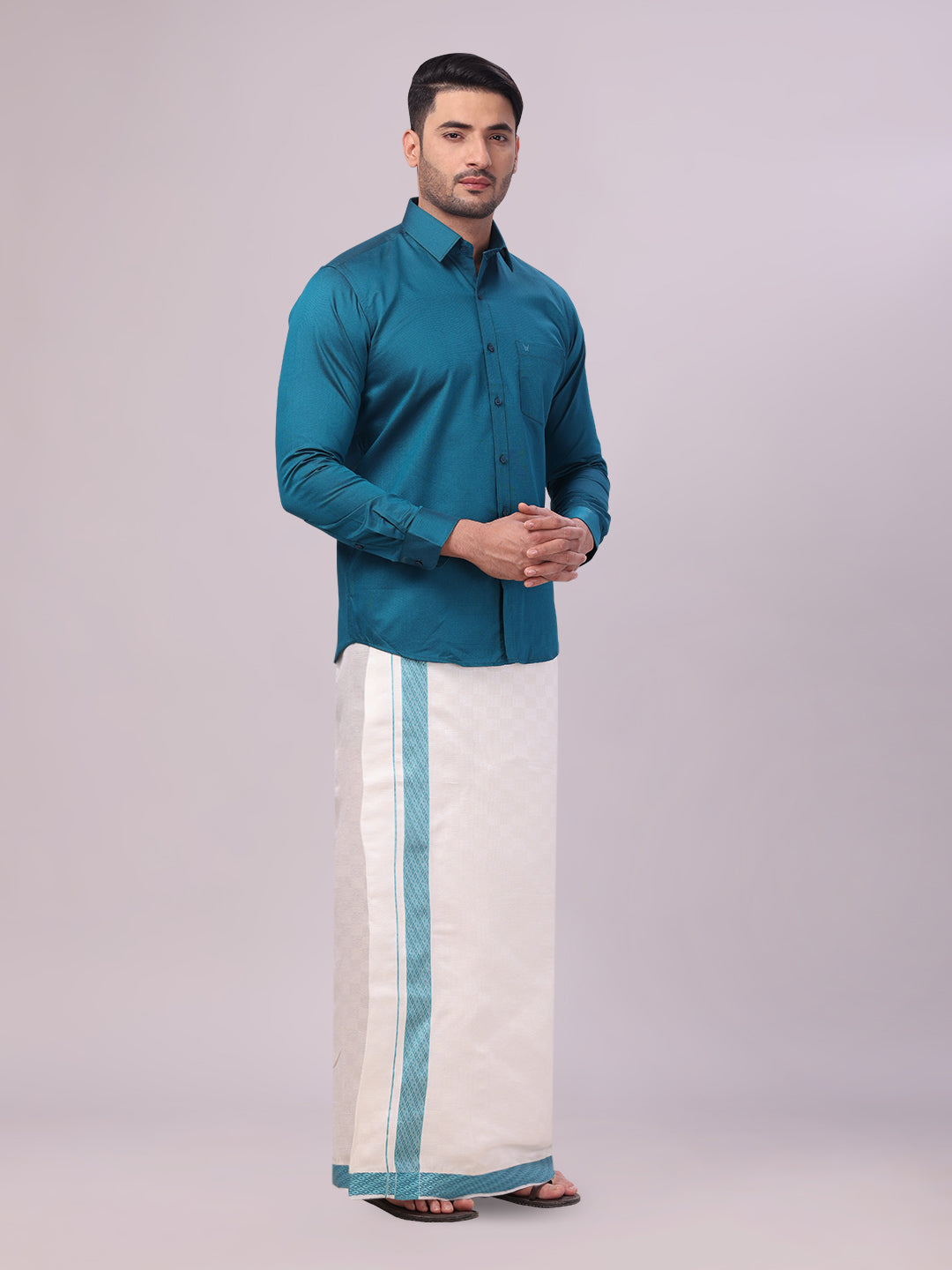 Mens Cotton Steel Blue Shirt and Airtex Matching Border Dhoti Combo Nector