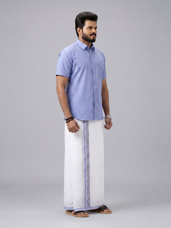 Men's Cotton Light Blue Matching Shirt with Fancy Printed Border Dhoti Combo Luster Trend