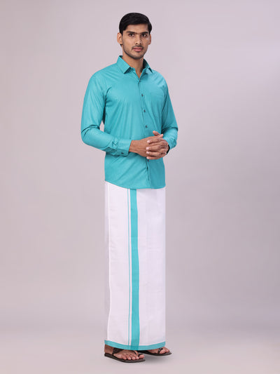 Men's Sky Blue Color Shirt with Matching Border Dhoti Combo Casper side pose