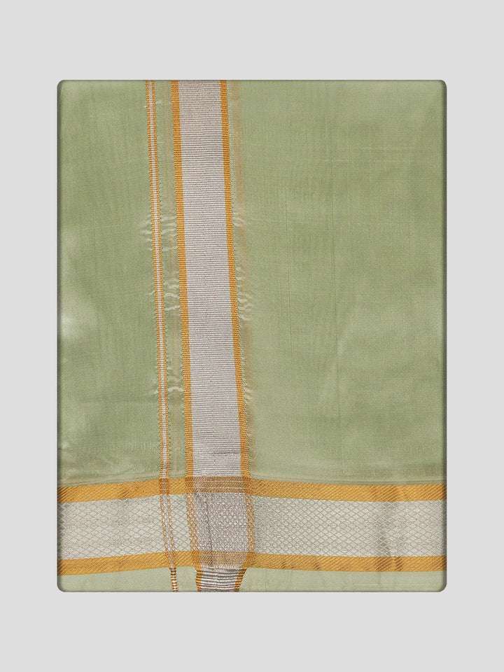 Men's Premium Art Silk Pista Green Shirt Bit with Gold Jari Border Dhoti Towel Combo Wedding Wonders