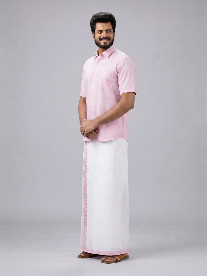 Men's Cotton Light Pink Matching Shirt with Fancy Printed Border Dhoti Combo Luster Trend