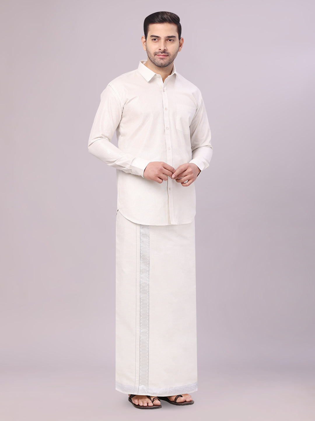 Men's Tissue Silver Shirt with Jacquard Fancy Border Dhoti Wedding Combo Nios side pose