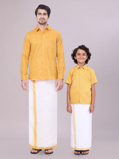 Father & Son Yellow Colour Cotton Shirt with Matching Border Dhoti Combo