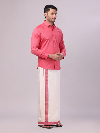 Men's Cotton Dark Pink Shirt and Airtex Matching Border Dhoti Combo Nector side pose