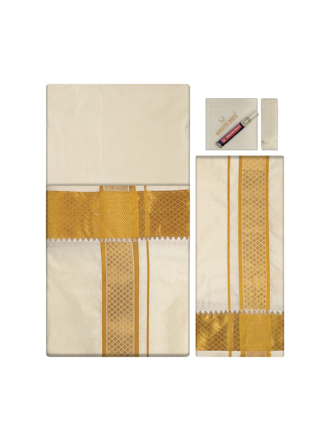 Men's Premium Art Silk Cream Gold Shirt Bit with 3 1/2" Gold Jari Border Dhoti Towel Combo Tilak