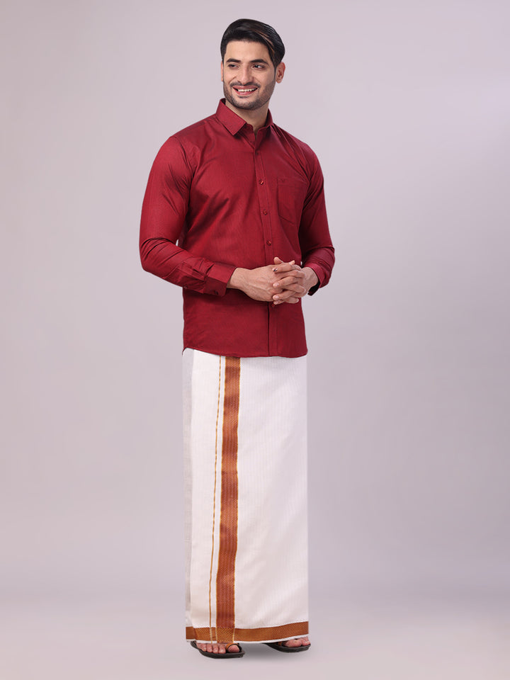 Men's Cotton Maroon Shirt and Airtex Matching Border Dhoti Combo Nector side pose