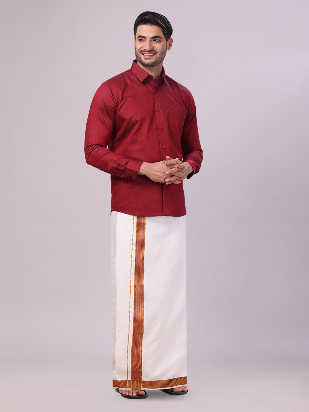 Mens Cotton Maroon Shirt and Airtex Matching Border Dhoti Combo Nector