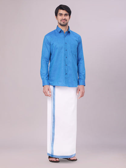 Men's Blue Color Cotton Shirt with Matching Border Dhoti Combo