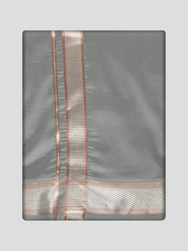 Men's Premium Art Silk Steel Grey Shirt Bit with Silver Jari Border Dhoti Combo Cherished Moments