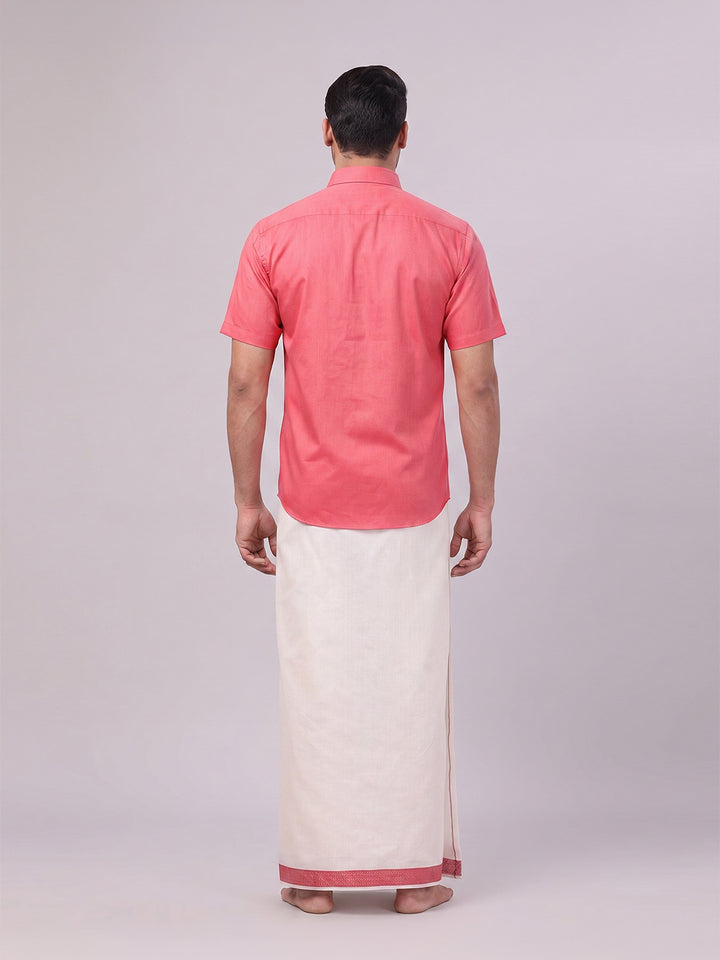 Men's Cotton Dark Pink Shirt and Airtex Matching Border Dhoti Combo Nector