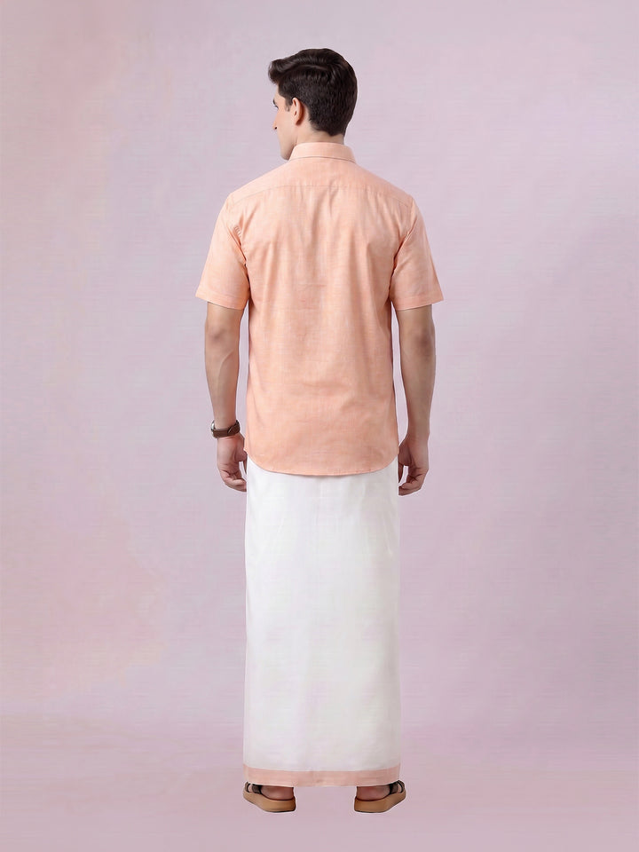 Men's Coral Color Digital Printed Shirt with Matching Printed Border Dhoti Combo Varnam