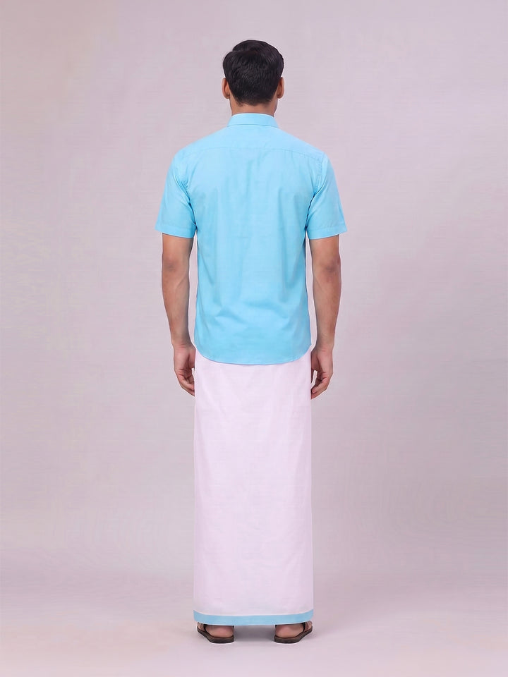 Mens Sky Blue Color Shirt with Matching Border Dhoti Combo Casper