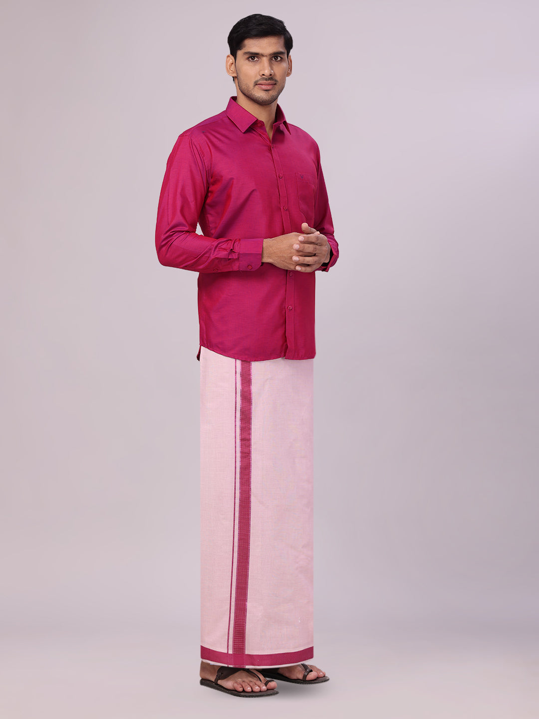 Mens Cotton Magenta Shirt with Tissue Matching Border Dhoti Wedding Combo Kandala