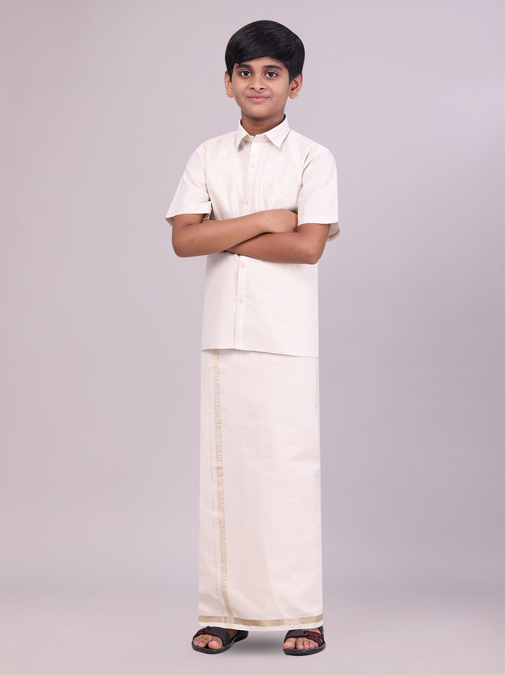 Boys Tissue Beige Colour Shirt with Dhoti Combo side pose