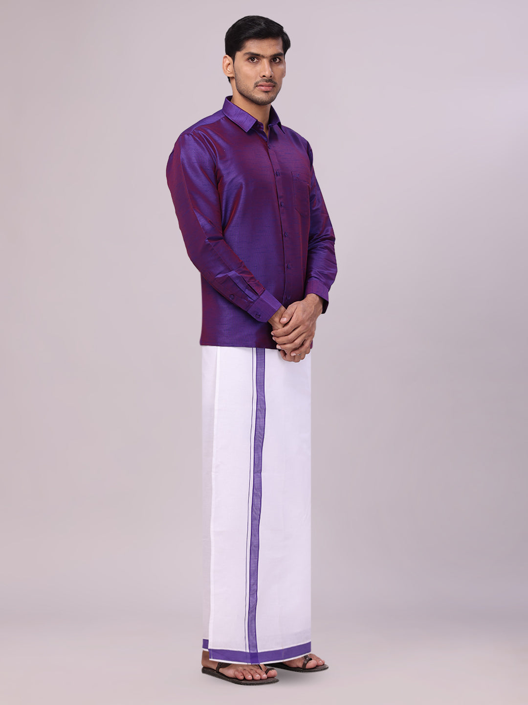 Men's Violet Dupion Satin Color Shirt with Matching Border Flexi Dhoti Combo Gora Flexi side pose