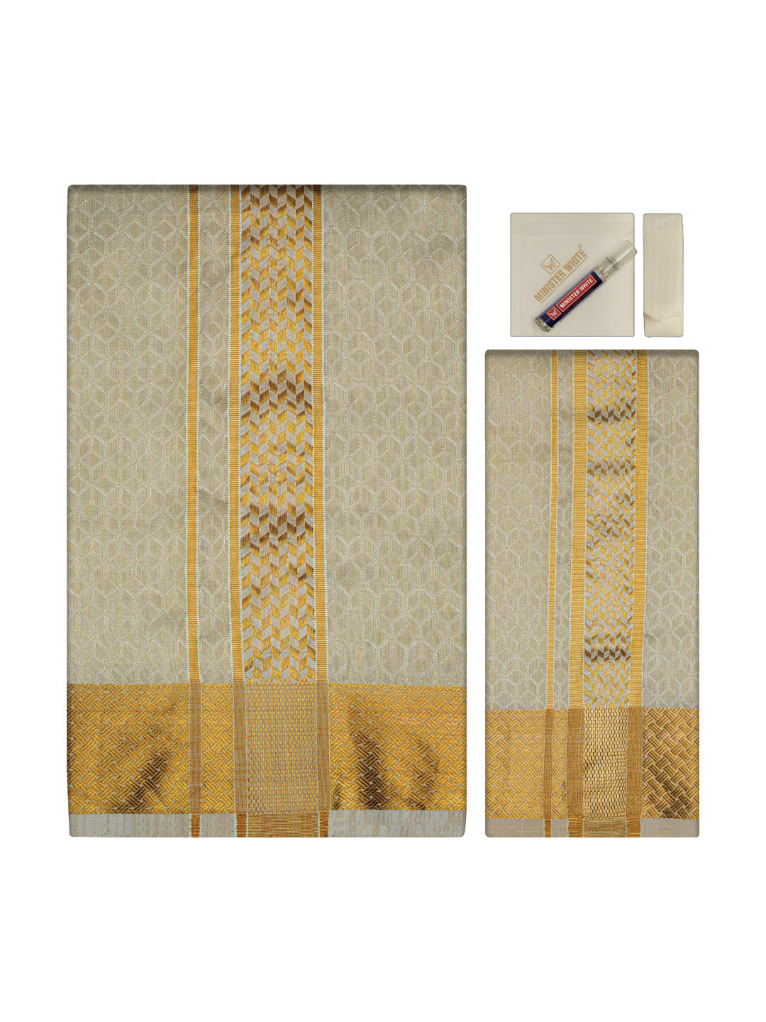 Men's Premium Art Silk Cream Shirt Bit with 2 1/2" Gold Jari Border Dhoti Towel Combo Sweden