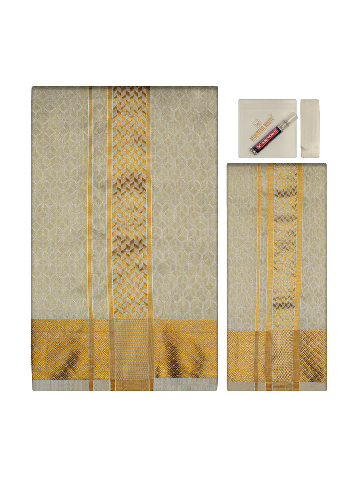 Men's Premium Art Silk Cream Shirt Bit with 2 1/2" Gold Jari Border Dhoti Towel Combo Sweden