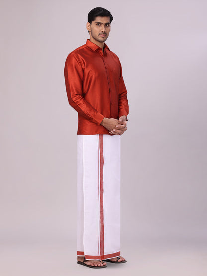 Mens Brick Red Dupion Satin Color Shirt with Matching Border Flexi Dhoti Combo Gora Flexi
