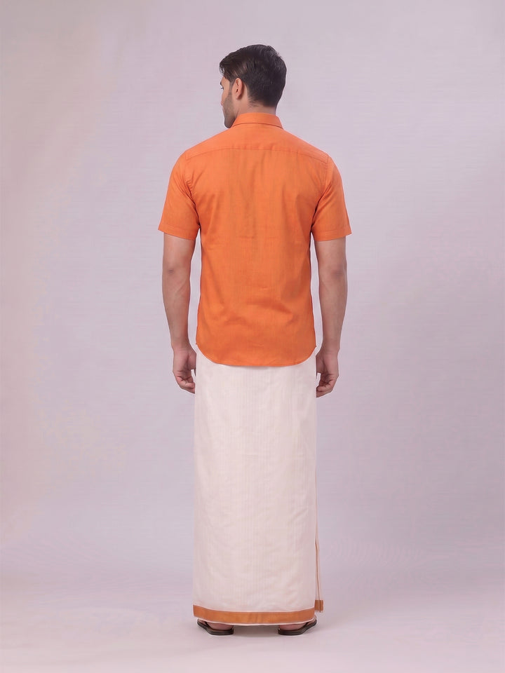 Men's Cotton Brick Shirt and Airtex Matching Border Dhoti Combo Nector
