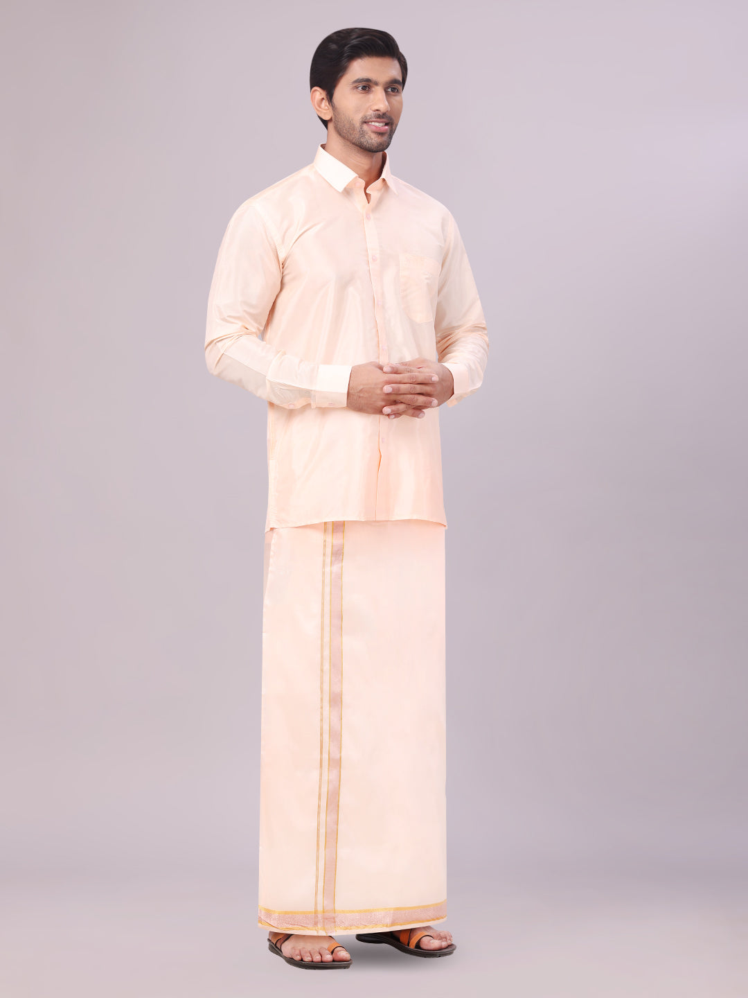 Mens Art Silk Light Peach Full Sleeves Shirt with Gold Jari Border Dhoti & Towel Combo Blush